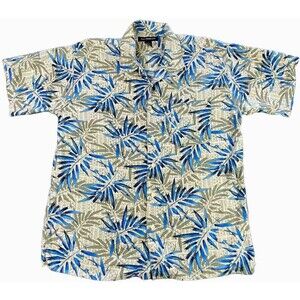 STATEMENTS Mens XL Linen Blend Button Up Shirt Tropical Palm Leaf Print Blue